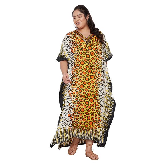Gypsie Blu Leopard Print Yellow Caftan Maxi Dress with Kimono Sleeve Loungewear - Picture 2 of 8